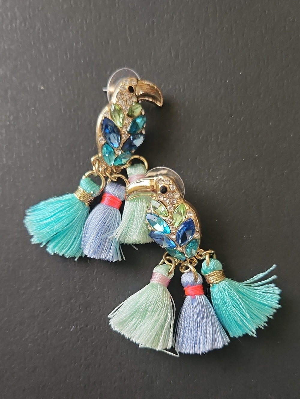 Tropical Parrot Tucan Tassel Drop Earrings in Aqua & Blue Stud Back